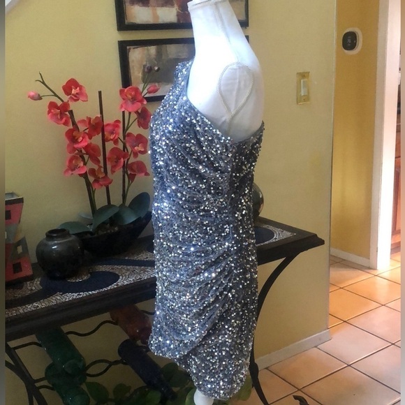 Vintage One Shoulder Glamorous Long Sleeve Sequins Grey Body con Mini Dress NWOT - Picture 6 of 16